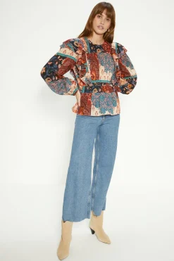 New Oasis Patched Paisley Pintuck Ruffle Blouse Multi