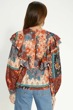 New Oasis Patched Paisley Pintuck Ruffle Blouse Multi