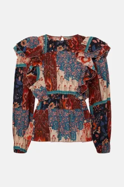 New Oasis Patched Paisley Pintuck Ruffle Blouse Multi