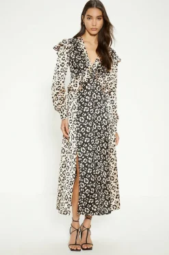 Best Oasis Patched Satin Ruffle Shoulder Midi Dress Animal
