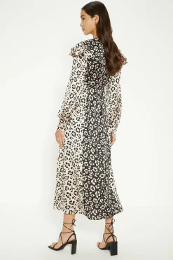 Best Oasis Patched Satin Ruffle Shoulder Midi Dress Animal