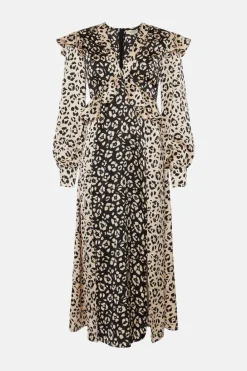 Best Oasis Patched Satin Ruffle Shoulder Midi Dress Animal