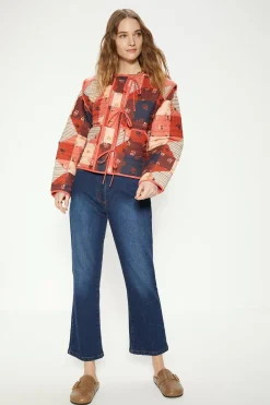 Online Oasis Patchwork Floral Quilted Tie Front Jacket Red