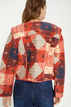 Online Oasis Patchwork Floral Quilted Tie Front Jacket Red