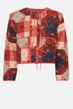 Online Oasis Patchwork Floral Quilted Tie Front Jacket Red