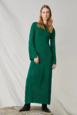 Fashion Oasis Patchwork Pointelle Frill Detail Knitted Maxi Dress Green