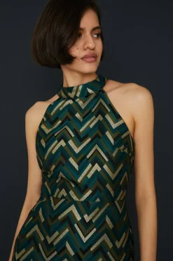 Hot Oasis Patterned Jacquard Halter Aline Dress Green