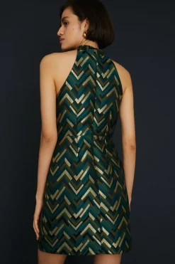 Hot Oasis Patterned Jacquard Halter Aline Dress Green