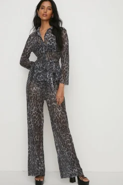 Online Oasis Petite Animal Shimmer Pleated Shirt Co-Ord Metallic Silver