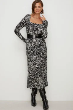Hot Oasis Petite Animal Square Neck Midi Dress Mono