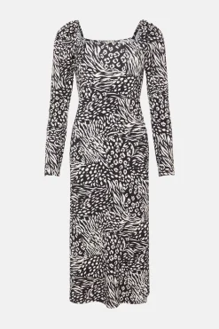 Hot Oasis Petite Animal Square Neck Midi Dress Mono