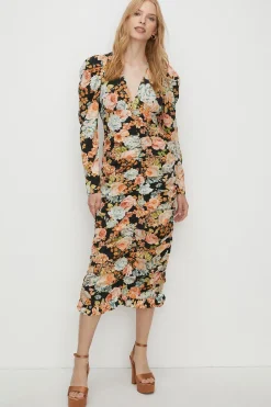 Outlet Oasis Petite Bold Floral All Over Ruched Midi Dress Black
