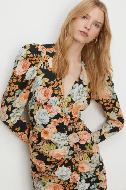 Outlet Oasis Petite Bold Floral All Over Ruched Midi Dress Black