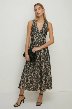 Clearance Oasis Petite Bonded Lace Full Skirted Midi Dress Black
