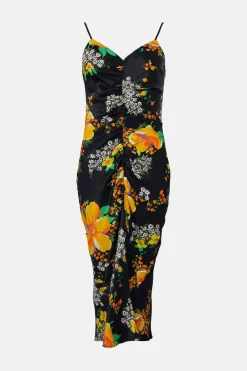 Sale Oasis Petite Bright Bloom Floral Ruched Front Dress Yellow