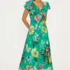 Online Oasis Petite Bright Floral Satin Burnout Ruffle Midi Dress Bright Green