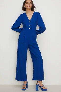 Fashion Oasis Petite Button Detail Crepe Jumpsuit Cobalt