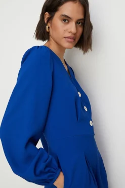 Fashion Oasis Petite Button Detail Crepe Jumpsuit Cobalt