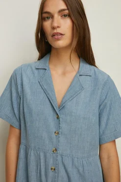 Clearance Oasis Petite Chambray Mini Shirt Dress Mid Wash