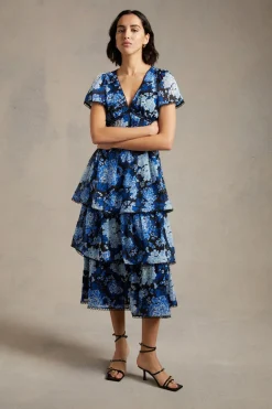 Online Oasis Petite Cluster Floral Lace Tiered Dobby Midi Dress Navy