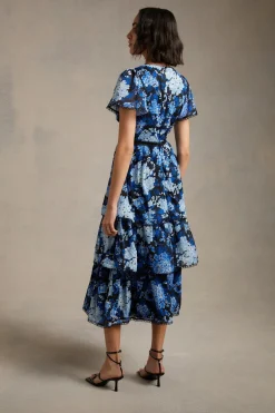 Online Oasis Petite Cluster Floral Lace Tiered Dobby Midi Dress Navy