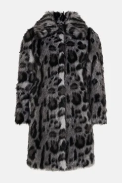 Online Oasis Petite Collared Animal Faux Fur Coat Grey