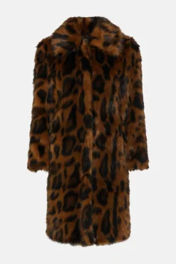Online Oasis Petite Collared Animal Faux Fur Coat Brown