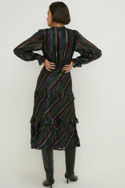 Fashion Oasis Petite Colourful Metallic Stripe Midi Dress Black