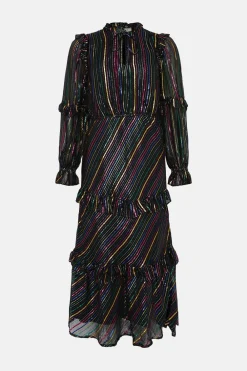 Fashion Oasis Petite Colourful Metallic Stripe Midi Dress Black