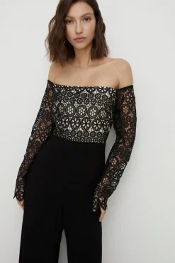 New Oasis Petite Contrast Lace Bardot Wide Leg Jumpsuit Black