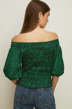 Best Oasis Petite Crinkle Printed Shirred Bardot Top Green