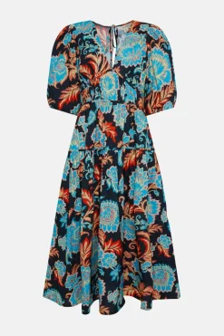 Hot Oasis Petite Detailed Pintuck Puff Sleeve Cotton Poplin Midi Dress Black