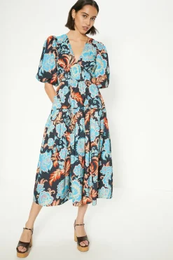 Hot Oasis Petite Detailed Pintuck Puff Sleeve Cotton Poplin Midi Dress Black