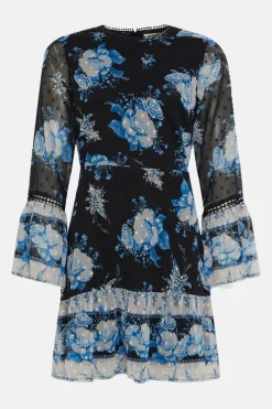 Sale Oasis Petite Dobby Chiffon Floral Mini Dress Blue
