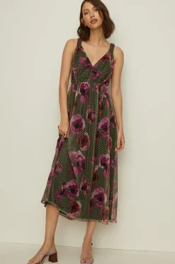Outlet Oasis Petite Dobby Mesh Floral Knot Midi Dress Green