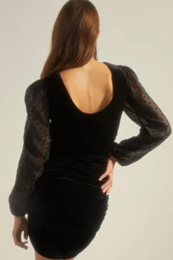 Outlet Oasis Petite Dobby Mesh Sleeve Velvet Ruched Dress Black