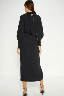 Sale Oasis Petite Draped Crepe Button Detail Midi Dress Black