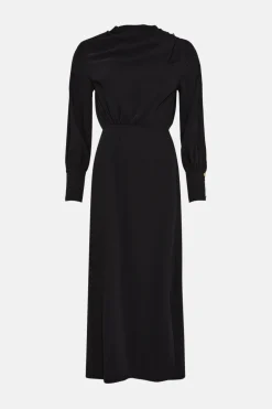 Sale Oasis Petite Draped Crepe Button Detail Midi Dress Black