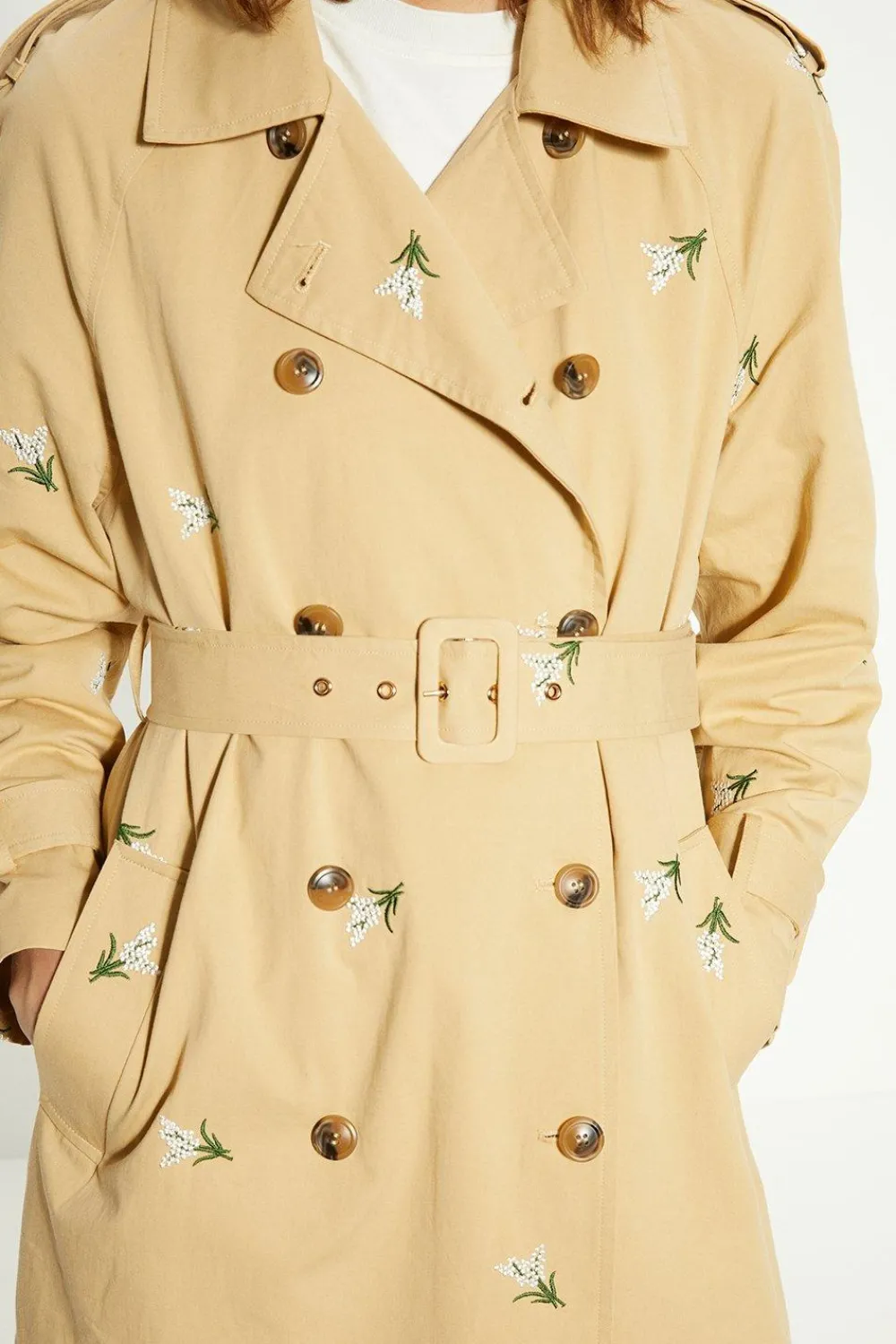 Clearance Oasis Petite Embroidered Trench Coat Beige