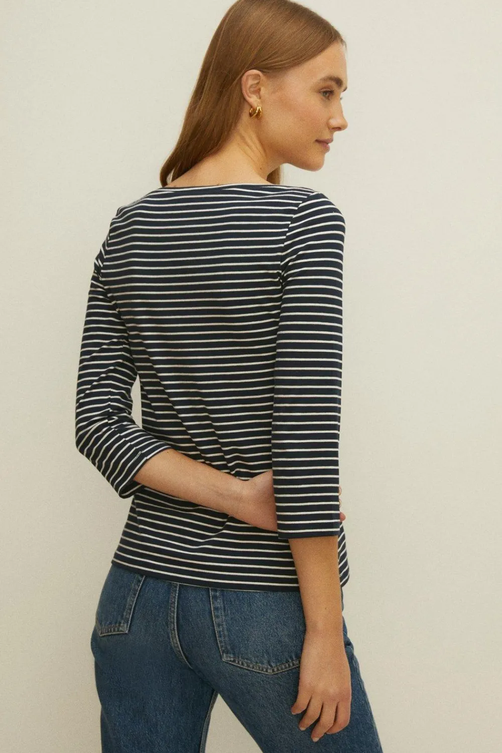 Sale Oasis Petite Essential Stripe Cotton Slash Neck Top Navy
