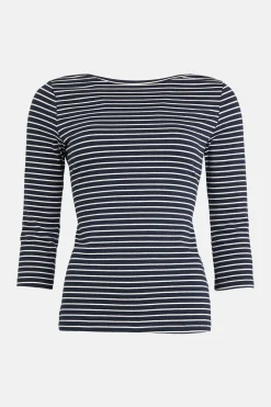 Sale Oasis Petite Essential Stripe Cotton Slash Neck Top Navy