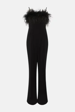 Fashion Oasis Petite Faux Feather Detail Bardot Jumpsuit Black