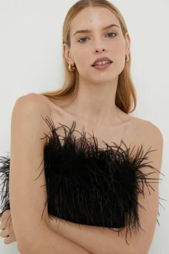Fashion Oasis Petite Faux Feather Detail Bardot Jumpsuit Black