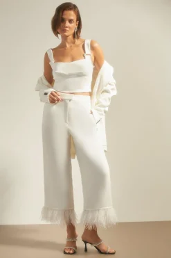 New Oasis Petite Faux Feather Hem Tailored Trouser White
