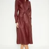 Sale Oasis Petite Faux Leather Pleat Detail Belted Midi Dress Burgundy