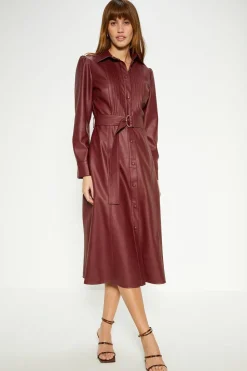 Sale Oasis Petite Faux Leather Pleat Detail Belted Midi Dress Burgundy