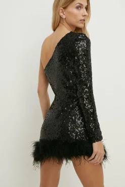 Best Oasis Petite Feather One Shoulder Sequin Dress Black