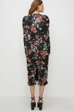 Hot Oasis Petite Floral All Over Ruched Midi Dress Black