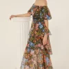 New Oasis Petite Floral Bardot Organza Midi Dress Black