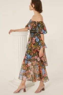 New Oasis Petite Floral Bardot Organza Midi Dress Black